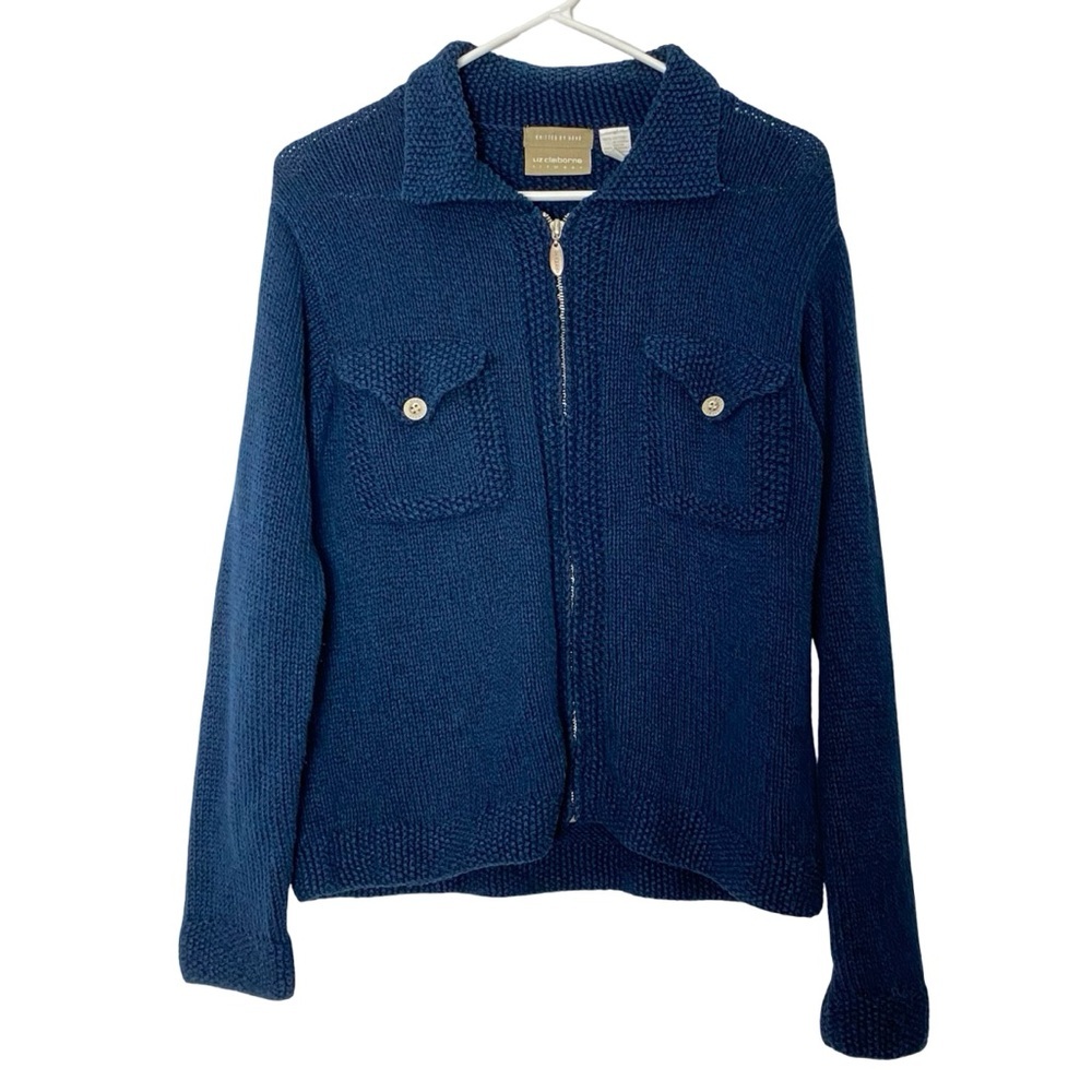 Vintage 90s Cardigan Sweater Womens Size Small Blue Cotton Lizwear Zip Up Cardi